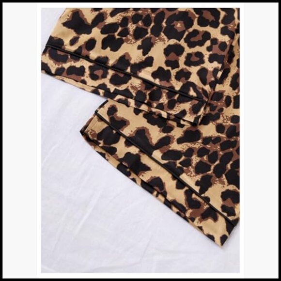 3 Piece Leopard Print Pajama Set Short Sleeve Button Down Shirt Shorts - Picture 5 of 5
